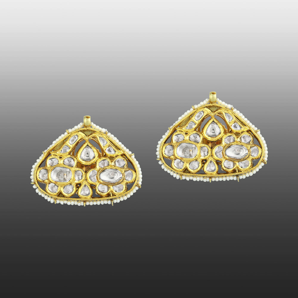 Triangular Polki Earrings with Gold & Pearl Detailing